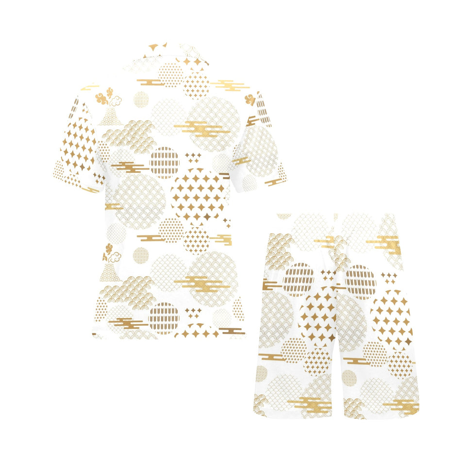 Beautiful gold japanese pattern Men's V-Neck Short Pajama Set