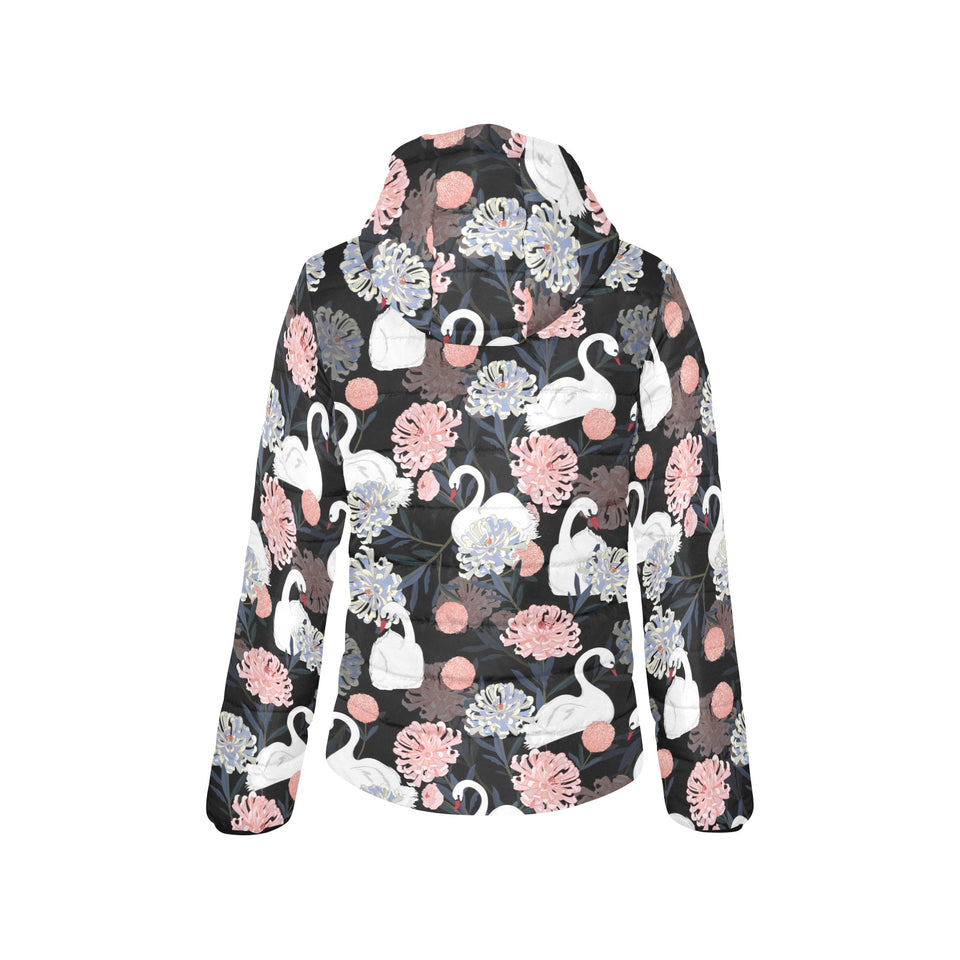 white swan blooming flower pattern Women's Padded Hooded Jacket