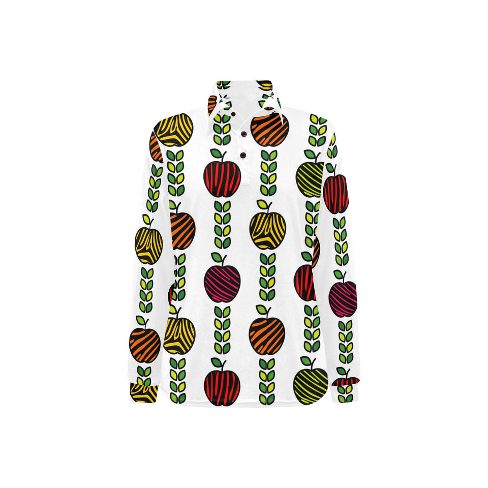 colorful apples leave zebra stripe Women's Long Sleeve Polo Shirt