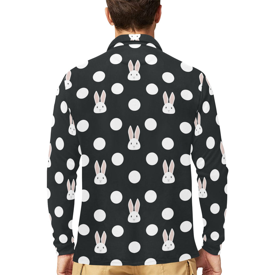 Cute white rabbit polka dots black background Men's Long Sleeve Polo Shirt
