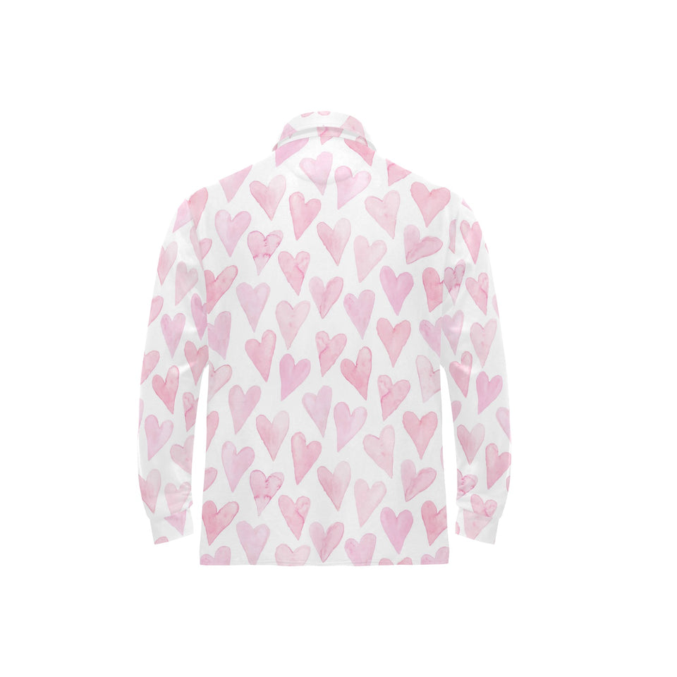 Watercolor pink heart pattern Men's Long Sleeve Polo Shirt