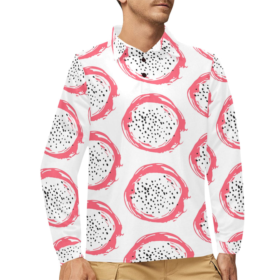 Hand drawn dragon fruit Men's Long Sleeve Polo Shirt