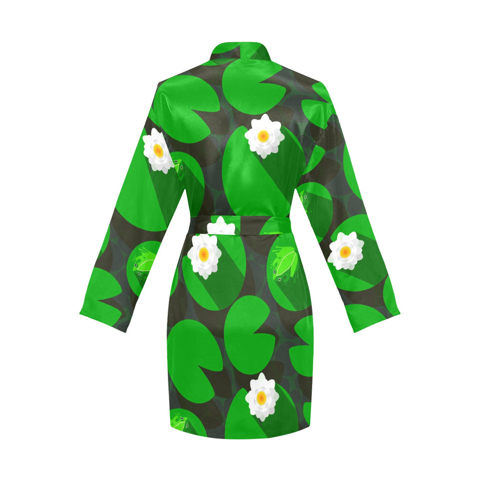 Frog waterlily pattern Women's Long Sleeve Belted Night Robe