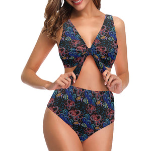 Octopus sea wave tropical fishe pattern Chest Bowknot High Waisted Bikini Swimsuit
