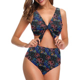 Octopus sea wave tropical fishe pattern Chest Bowknot High Waisted Bikini Swimsuit