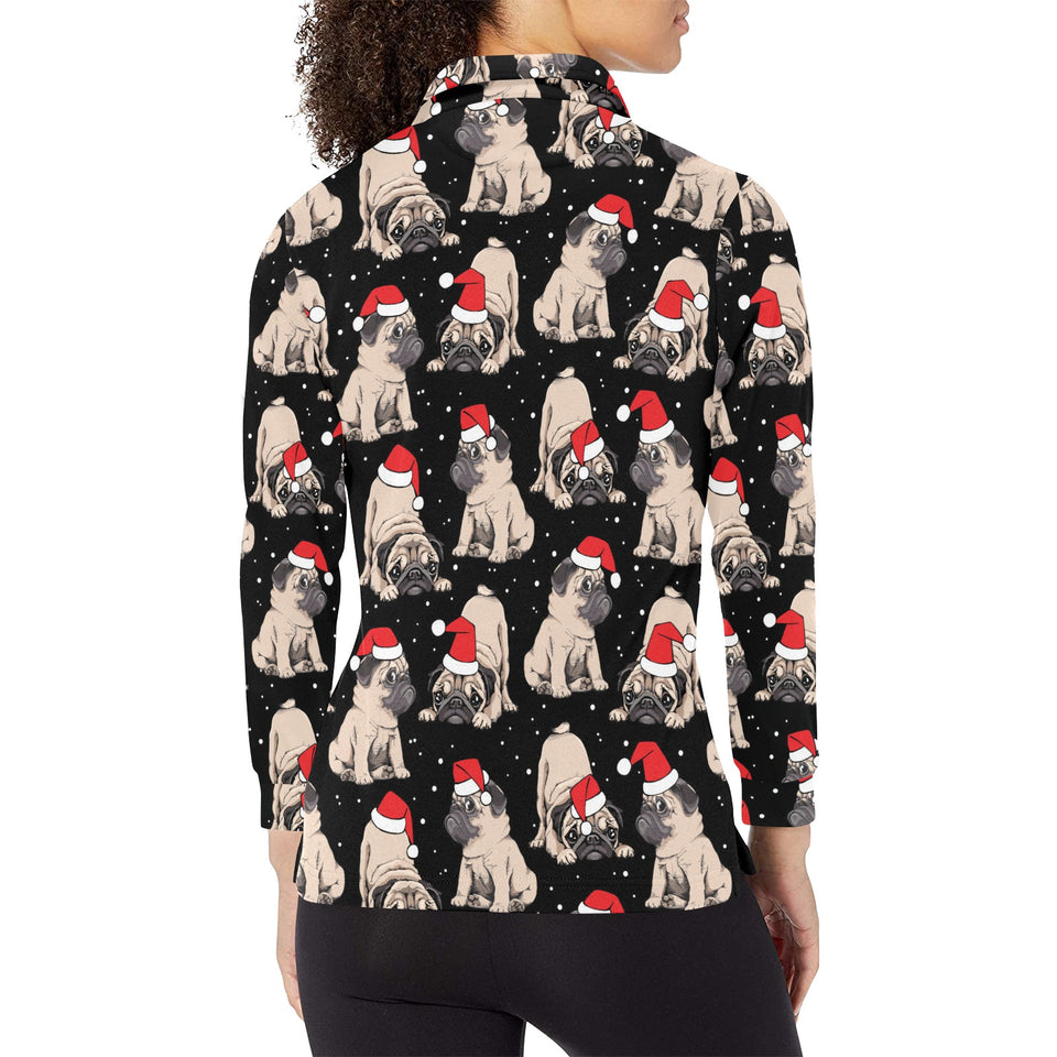 Christmas Pugs Santa_s red cap pattern Women's Long Sleeve Polo Shirt