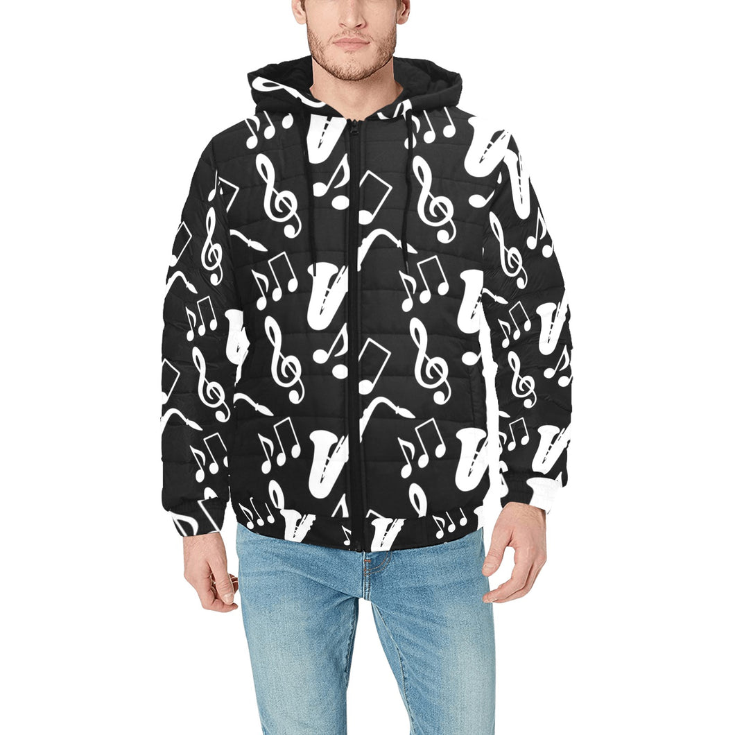 Saxophone music notes treble clef black white them Men's Padded Hooded Jacket