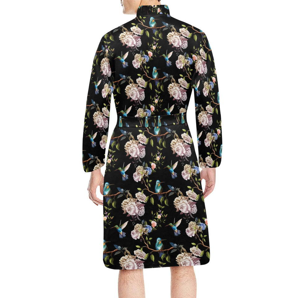 Hummingbird Pattern Print Design 03 Men's Long Sleeve Belted Night Robe