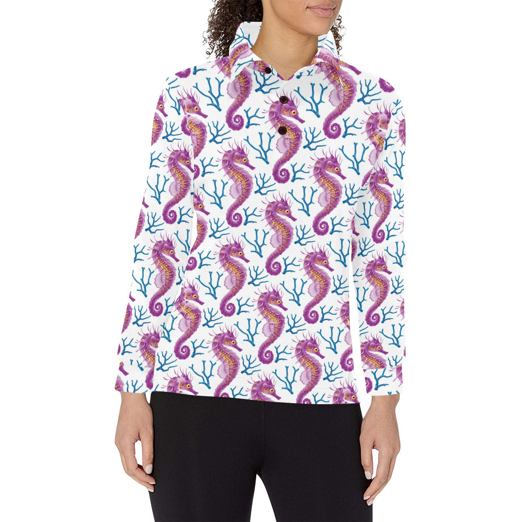 Purple seahorse blue coral pattern Women's Long Sleeve Polo Shirt