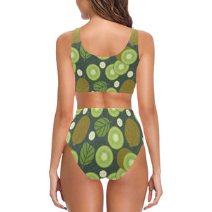 Whole sliced kiwi leave and flower Chest Bowknot High Waisted Bikini Swimsuit
