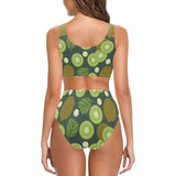 Whole sliced kiwi leave and flower Chest Bowknot High Waisted Bikini Swimsuit
