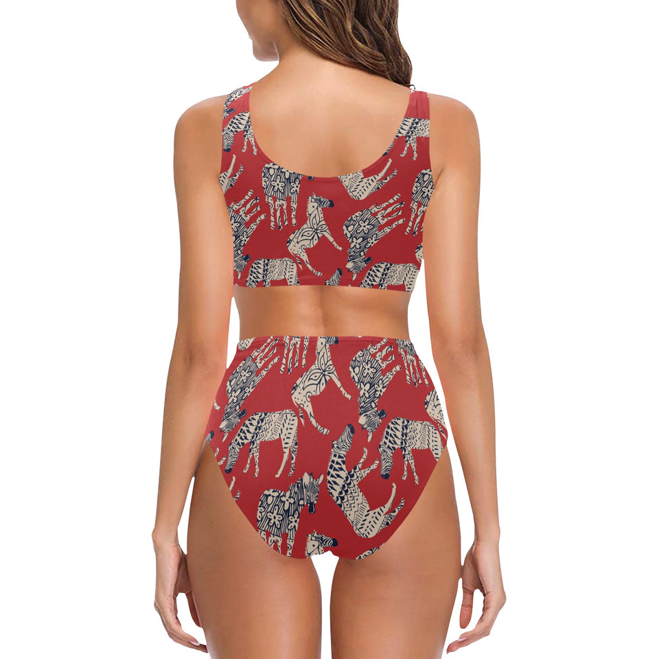 Zebra abstract red background Chest Bowknot High Waisted Bikini Swimsuit