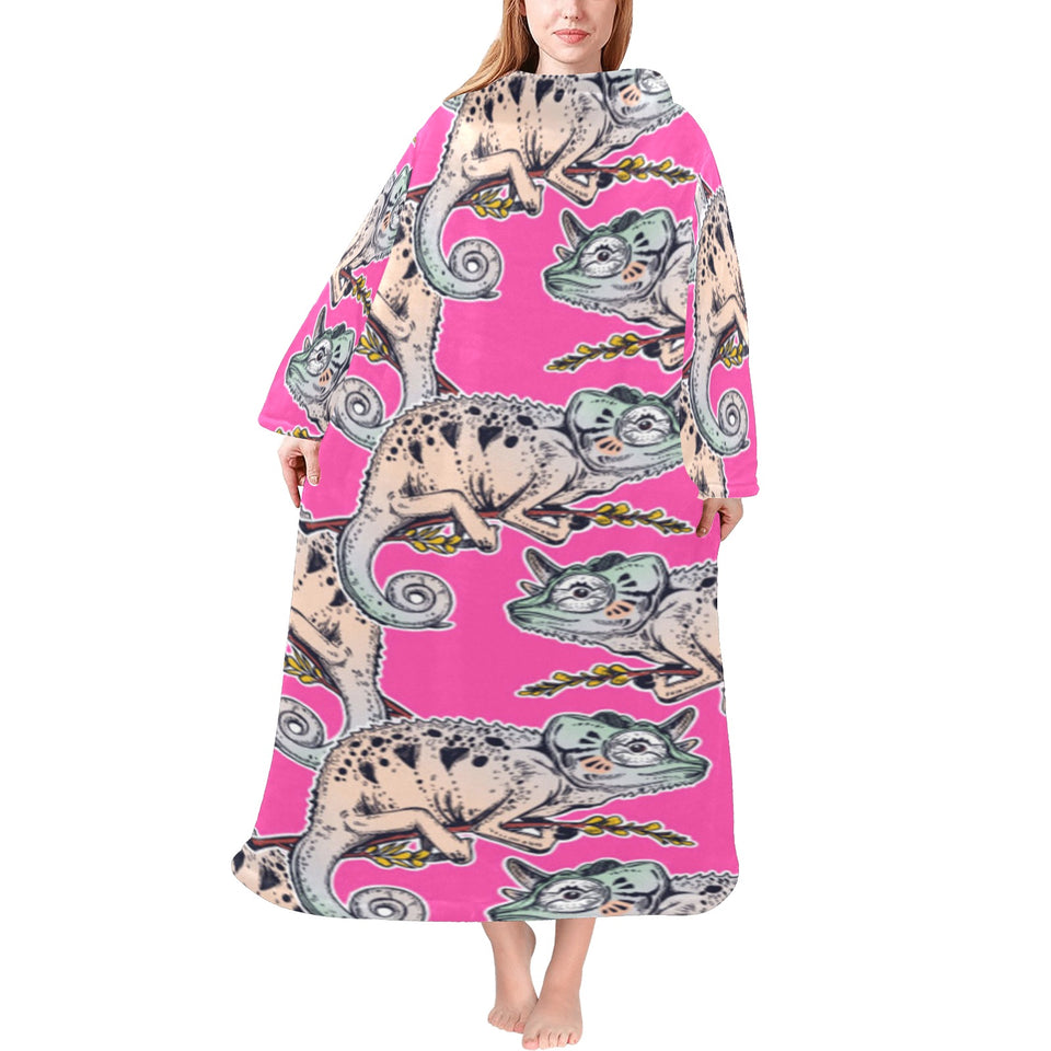 Chameleon lizard pattern pink background Blanket Robe with Sleeves