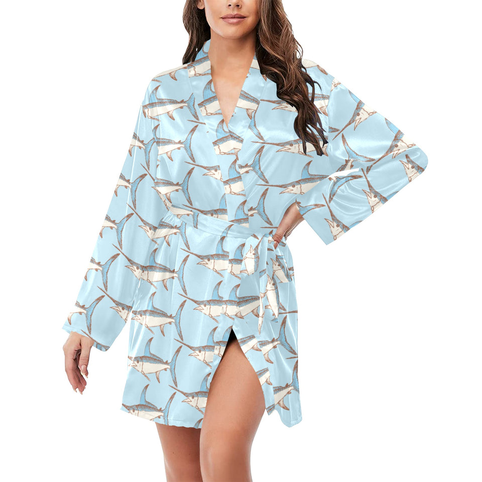 Swordfish Pattern Print Design 01 Women's Long Sleeve Belted Night Robe