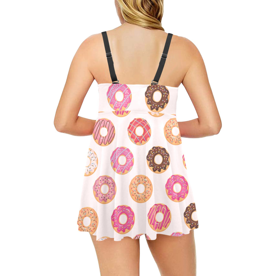 Colorful donut pattern Chest Sexy Pleated Two Piece Swim Dress