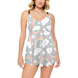 Cute rainbow clound star pattern Chest Sexy Pleated Two Piece Swim Dress