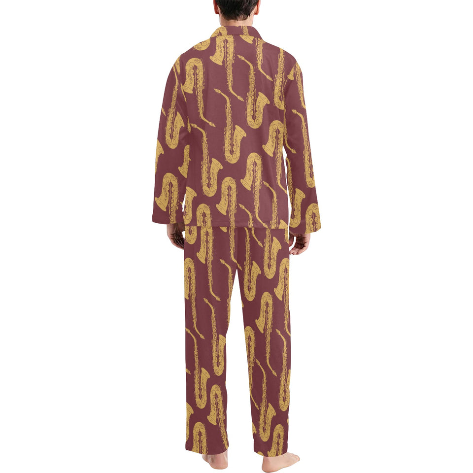 Hand drawn gold saxophone red background Men's Long Pajama Set