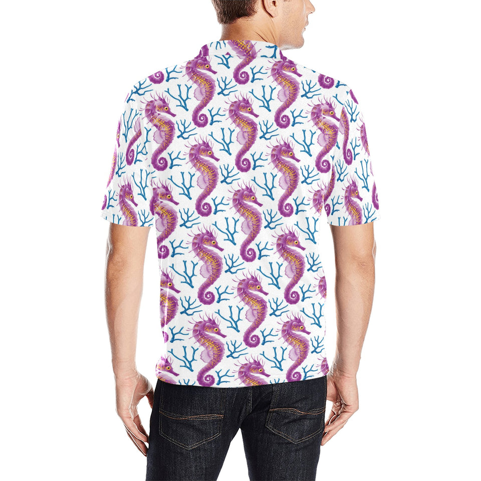 Purple seahorse blue coral pattern Men's All Over Print Polo Shirt