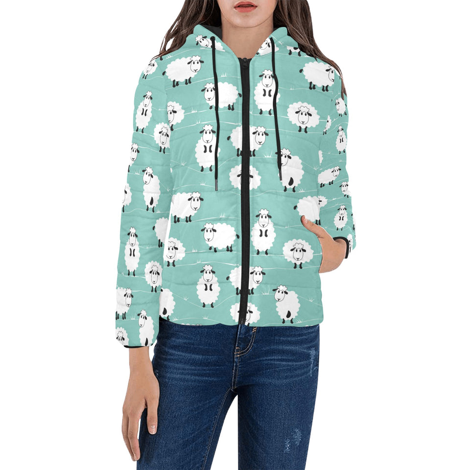 Cute sheep green background Women's Padded Hooded Jacket