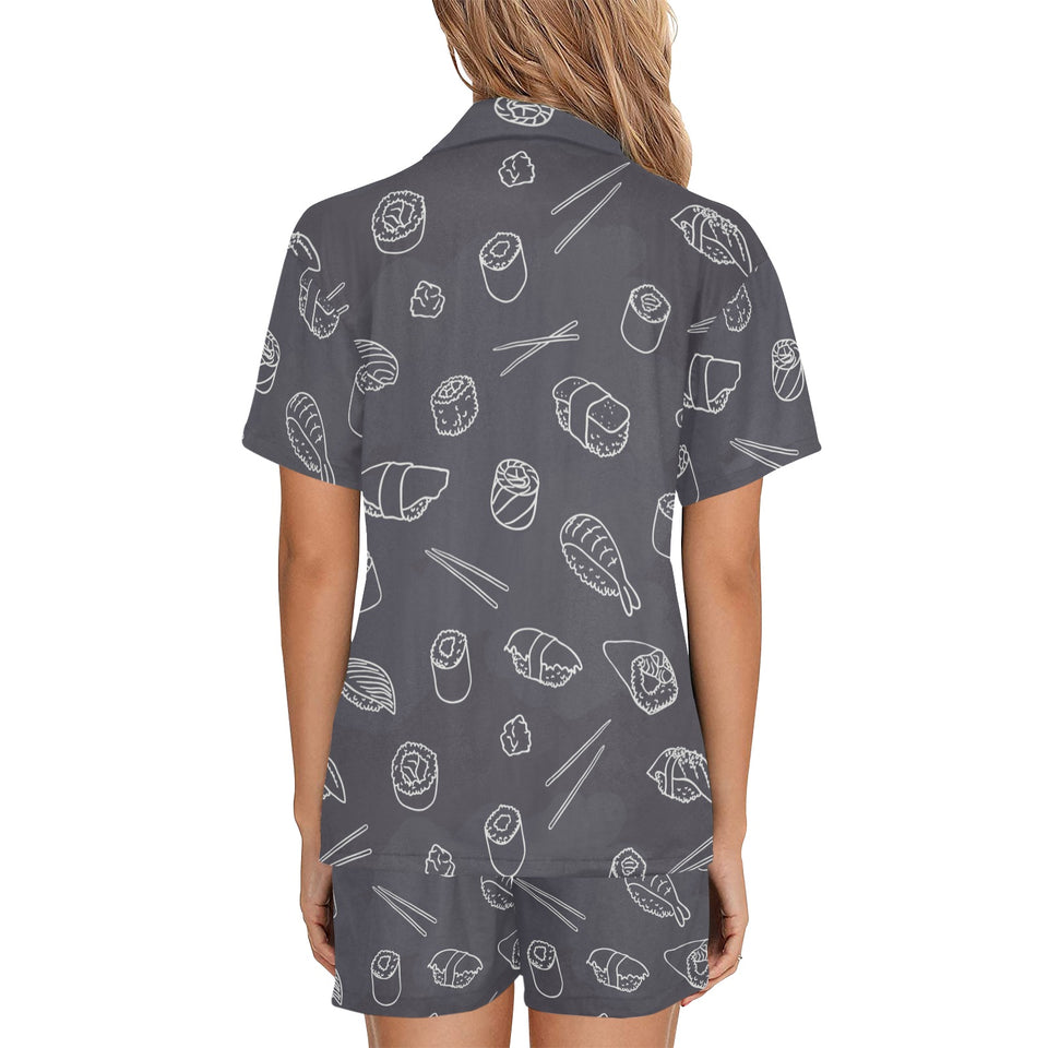 sushi pattern black background Women's V-Neck Short Pajama Set