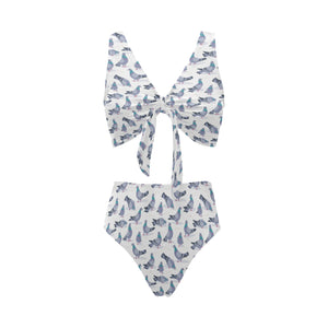 Pigeon Pattern Print Design 03 Chest Bowknot High Waisted Bikini Swimsuit
