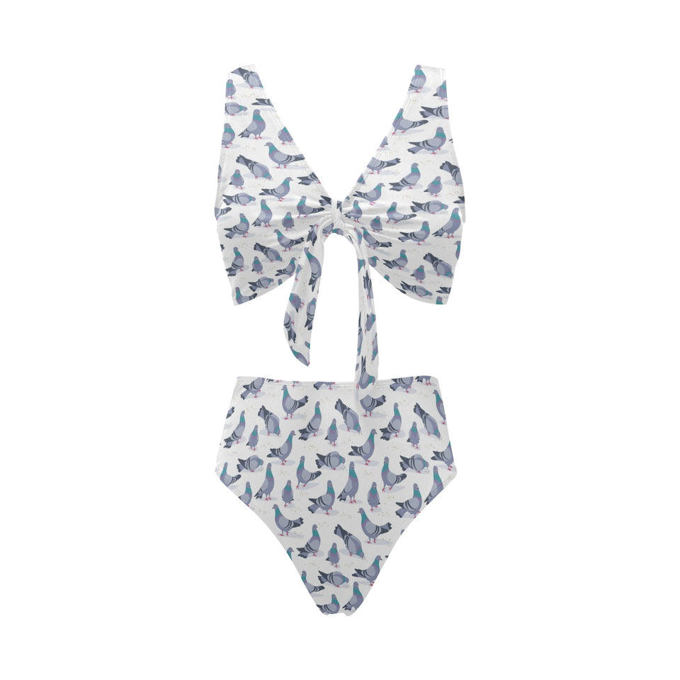 Pigeon Pattern Print Design 03 Chest Bowknot High Waisted Bikini Swimsuit