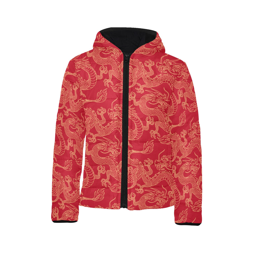 Gold dragons red background Kids' Boys' Girls' Padded Hooded Jacket
