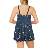space pattern with planets, comets, constellations Chest Sexy Pleated Two Piece Swim Dress