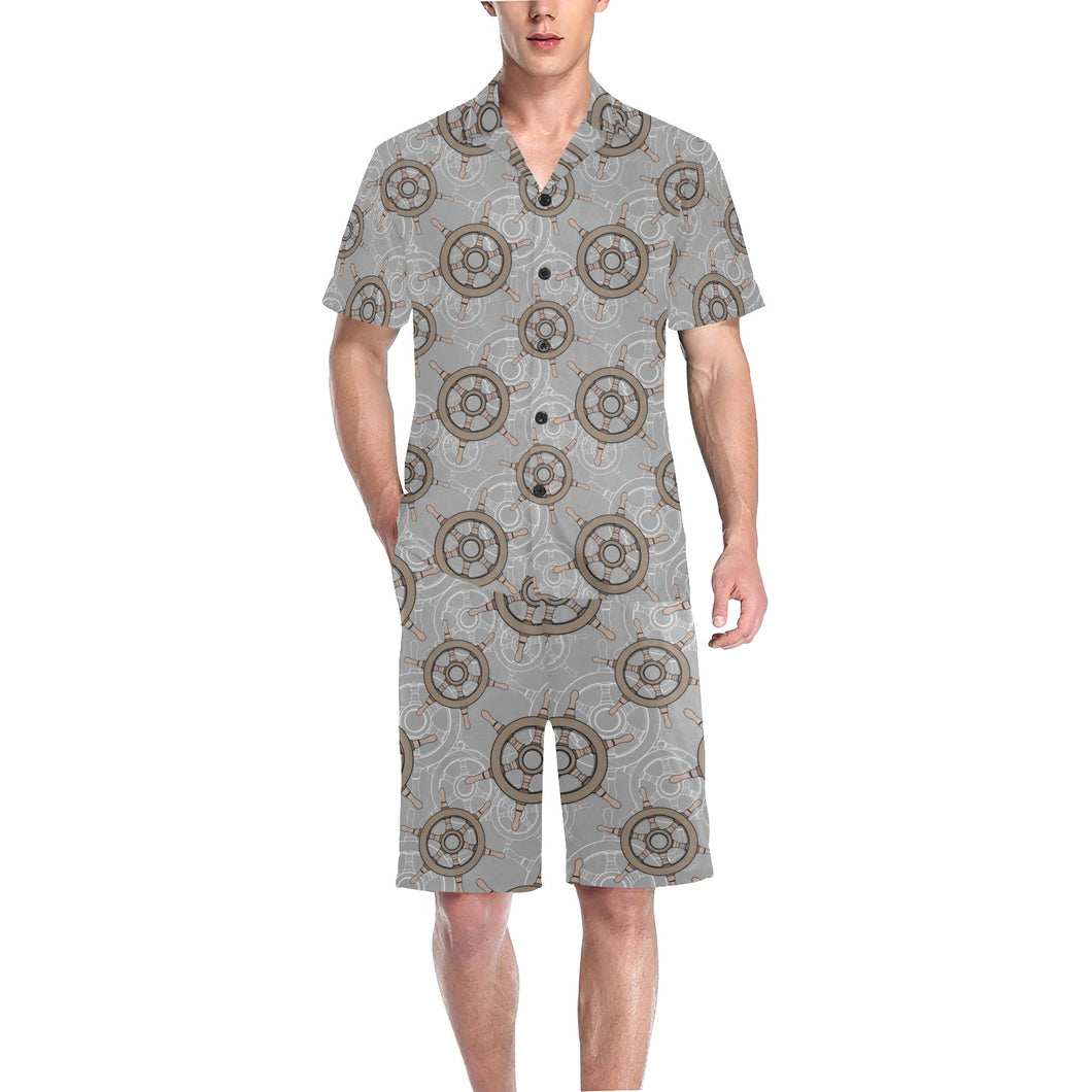 nautical wood steering wheel pattern Men's V-Neck Short Pajama Set