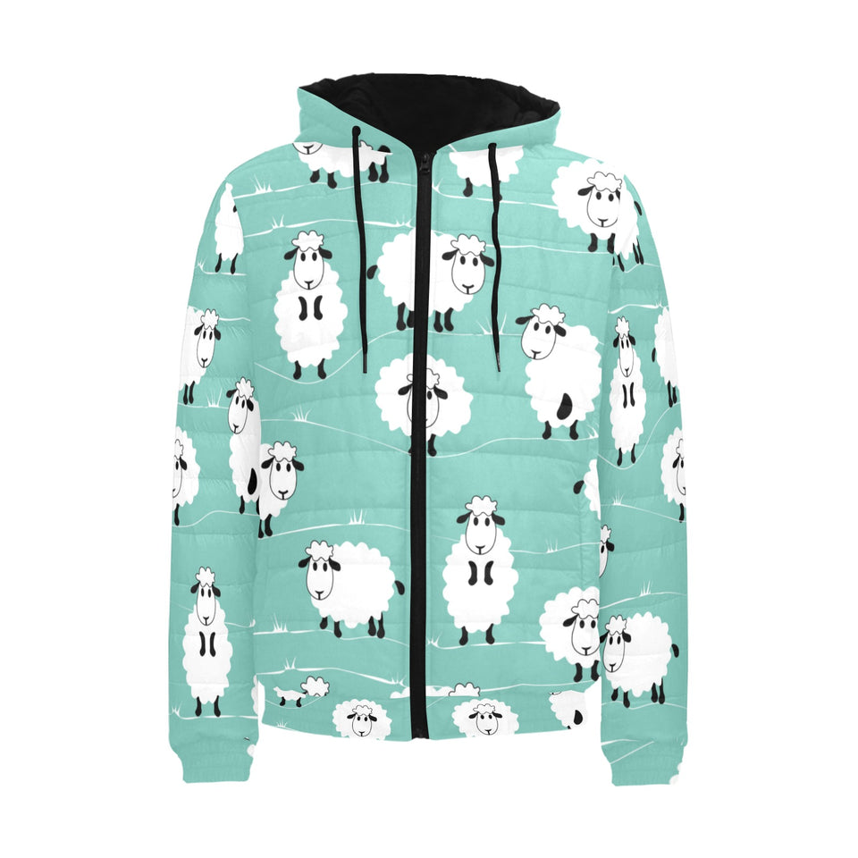 Cute sheep green background Men's Padded Hooded Jacket
