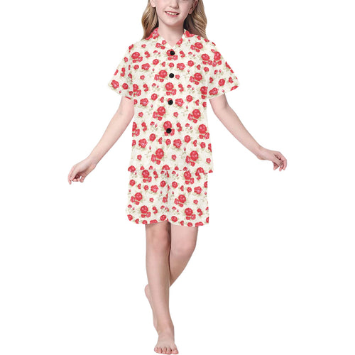 Rose Pattern Print Design 01 Kids' Boys' Girls' V-Neck Short Pajama Set