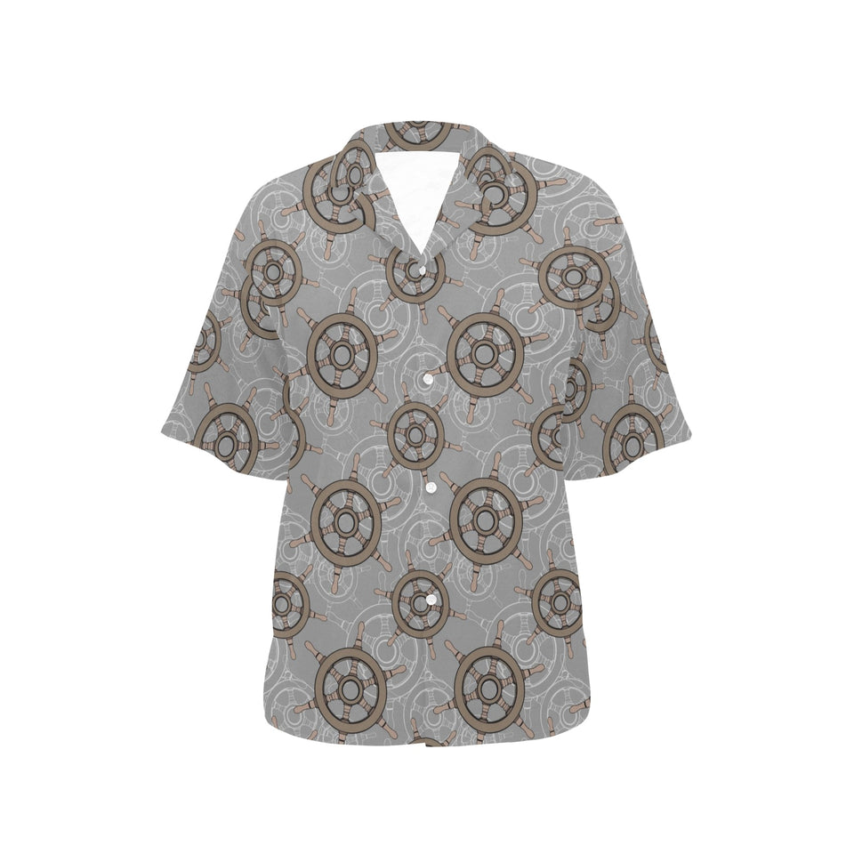 nautical wood steering wheel pattern Women's All Over Print Hawaiian Shirt