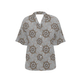 nautical wood steering wheel pattern Women's All Over Print Hawaiian Shirt