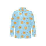 Brown cute pomeranian blue blackground Men's Long Sleeve Polo Shirt