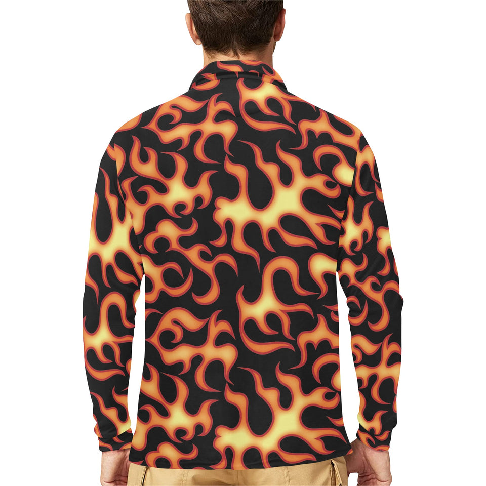 Fire flame dark pattern Men's Long Sleeve Polo Shirt