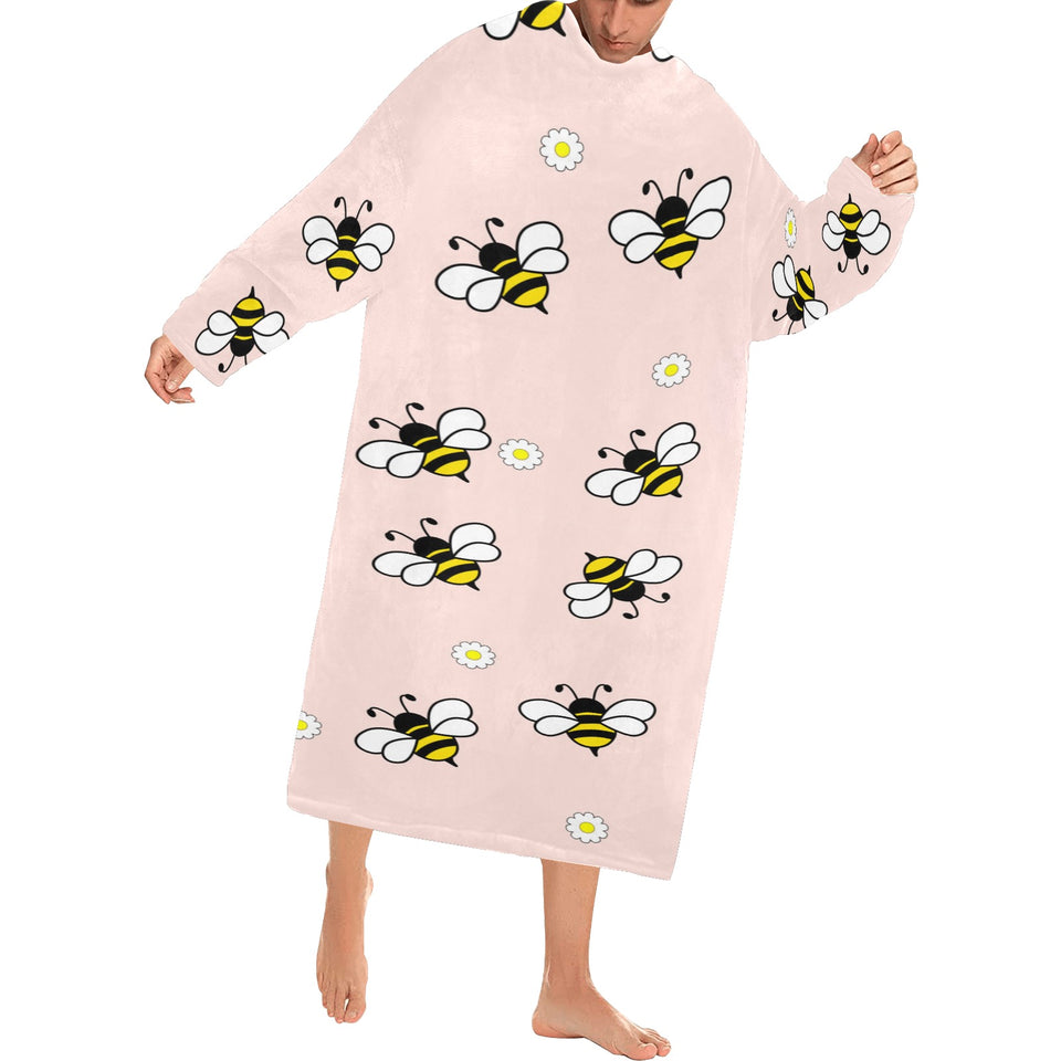 Cute bee flower pattern pink background Blanket Robe with Sleeves