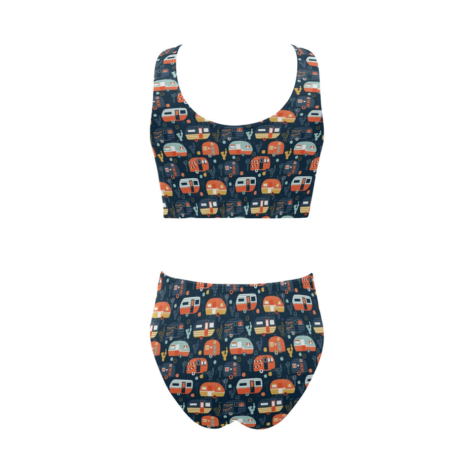 Camper Van Pattern Print Design 05 Chest Bowknot High Waisted Bikini Swimsuit