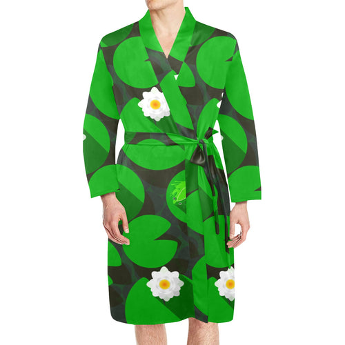 Frog waterlily pattern Men's Long Sleeve Belted Night Robe