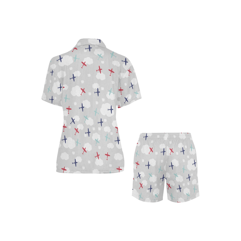 Airplane cloud grey background Women's V-Neck Short Pajama Set