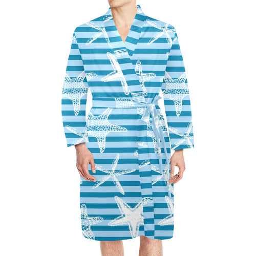 Starfish blue blackground Men's Long Sleeve Belted Night Robe