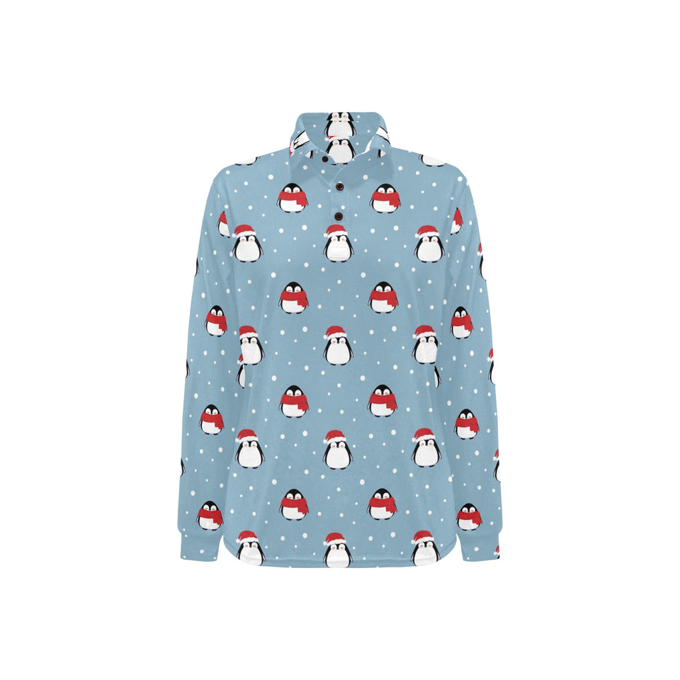 Cute penguin christmas snow pattern Women's Long Sleeve Polo Shirt