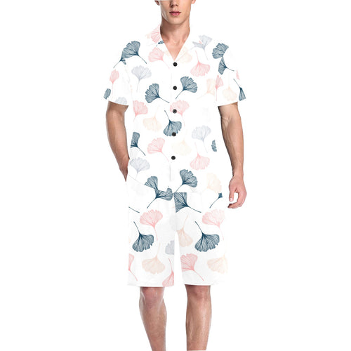 Black Gray Cream coral ginkgo leaves pattern Men's V-Neck Short Pajama Set