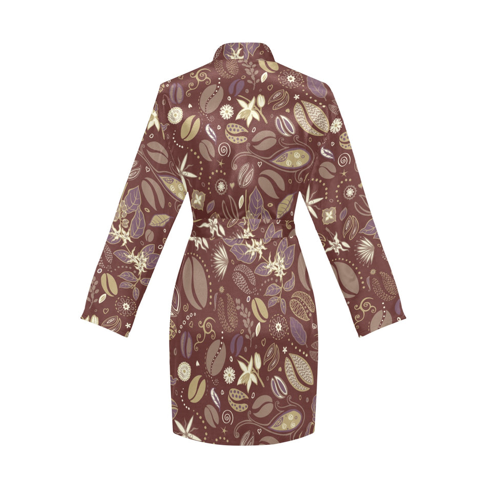 Coffee bean flower pattern Women's Long Sleeve Belted Night Robe