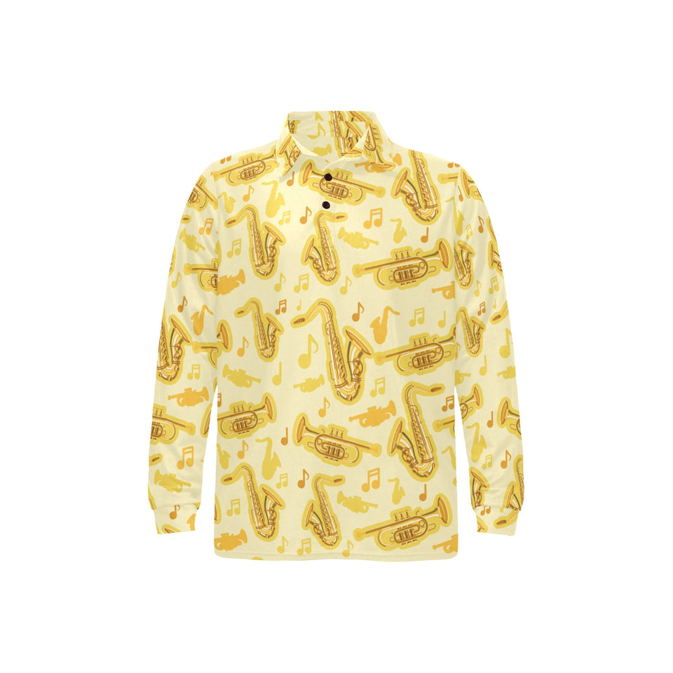 Saxophone cornet pattern yellow background Men's Long Sleeve Polo Shirt