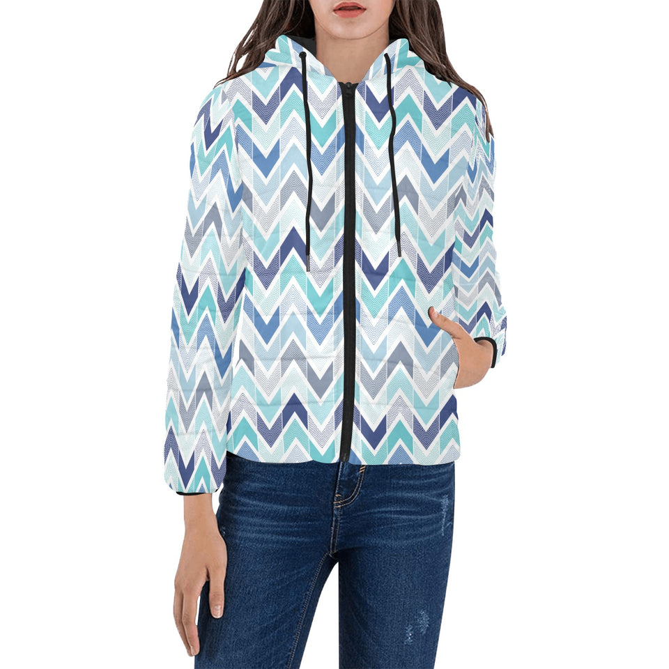 zigzag chevron blue pattern Women's Padded Hooded Jacket
