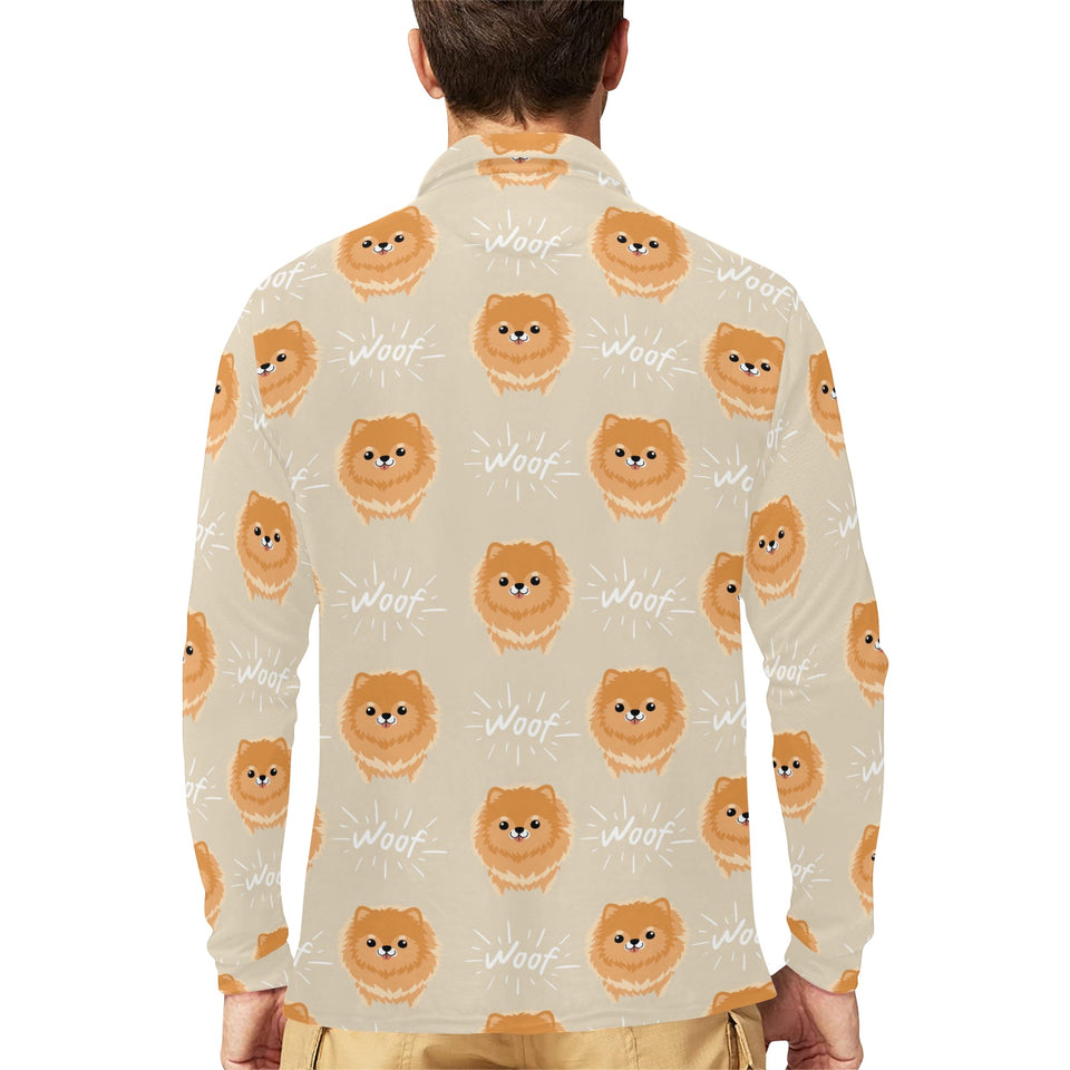 Cute brown pomeranian puppy on blue Men's Long Sleeve Polo Shirt