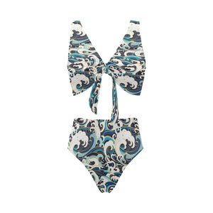 Japanese wave pattern Chest Bowknot High Waisted Bikini Swimsuit