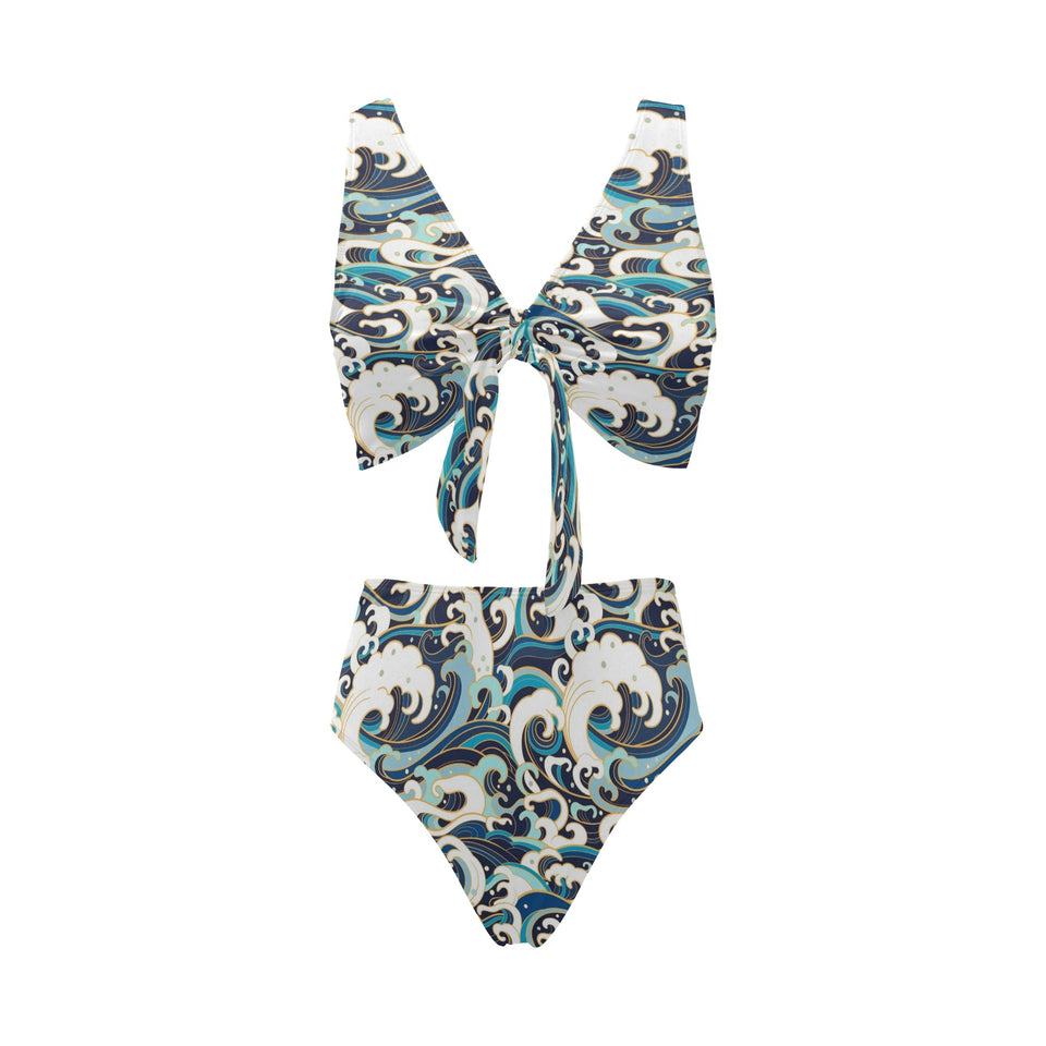 Japanese wave pattern Chest Bowknot High Waisted Bikini Swimsuit