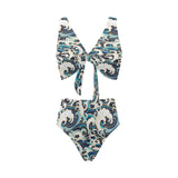 Japanese wave pattern Chest Bowknot High Waisted Bikini Swimsuit