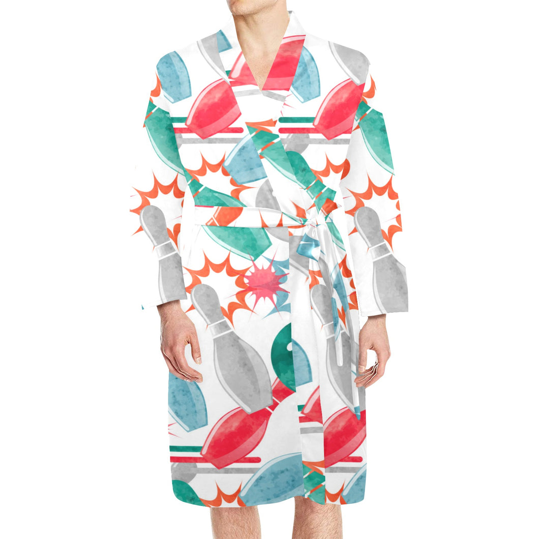 Watercolor bowling pattern Men's Long Sleeve Belted Night Robe